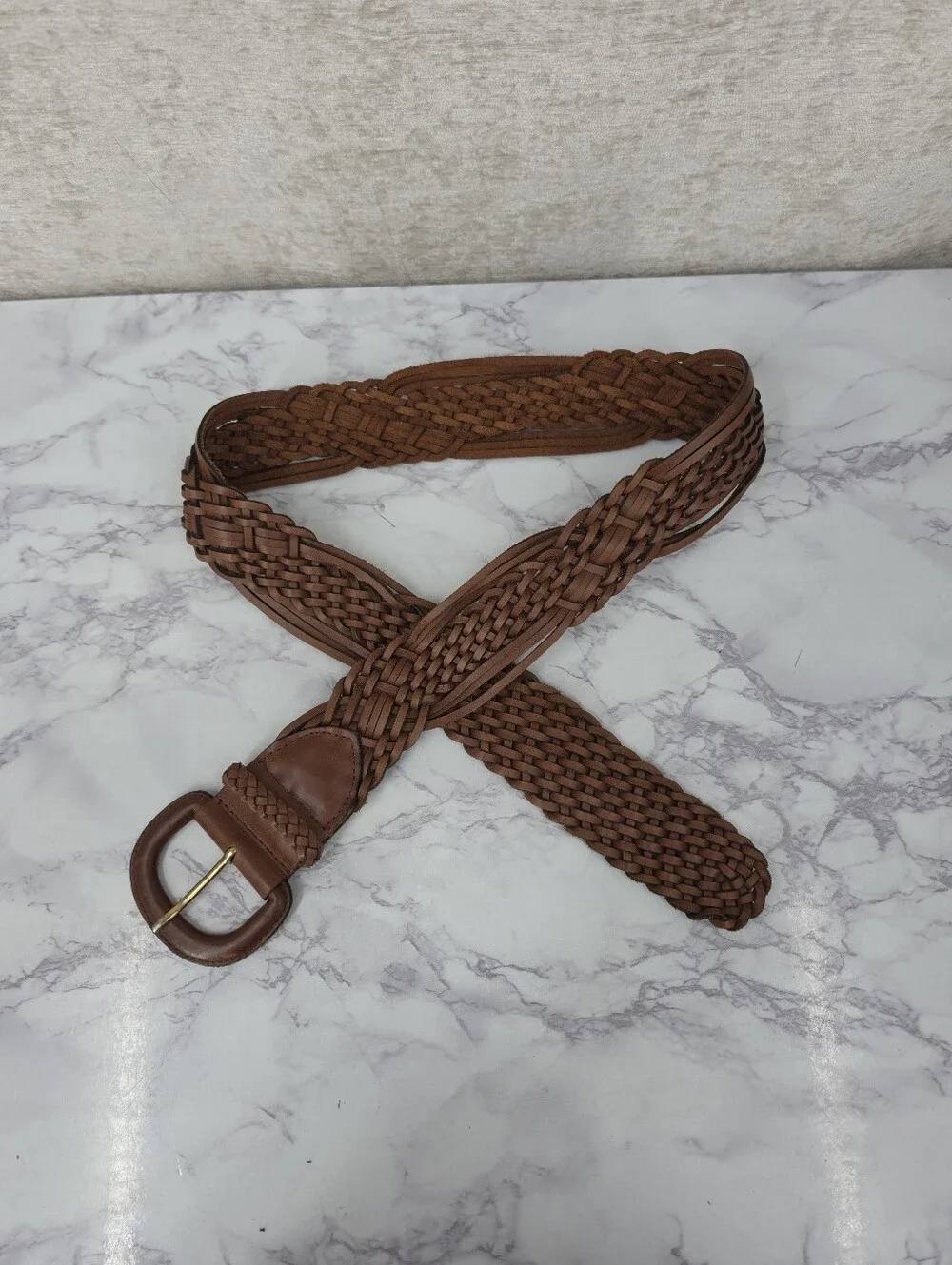 Vintage Y2K Wide Brown Leather Woven Braided Belt By New York Studio